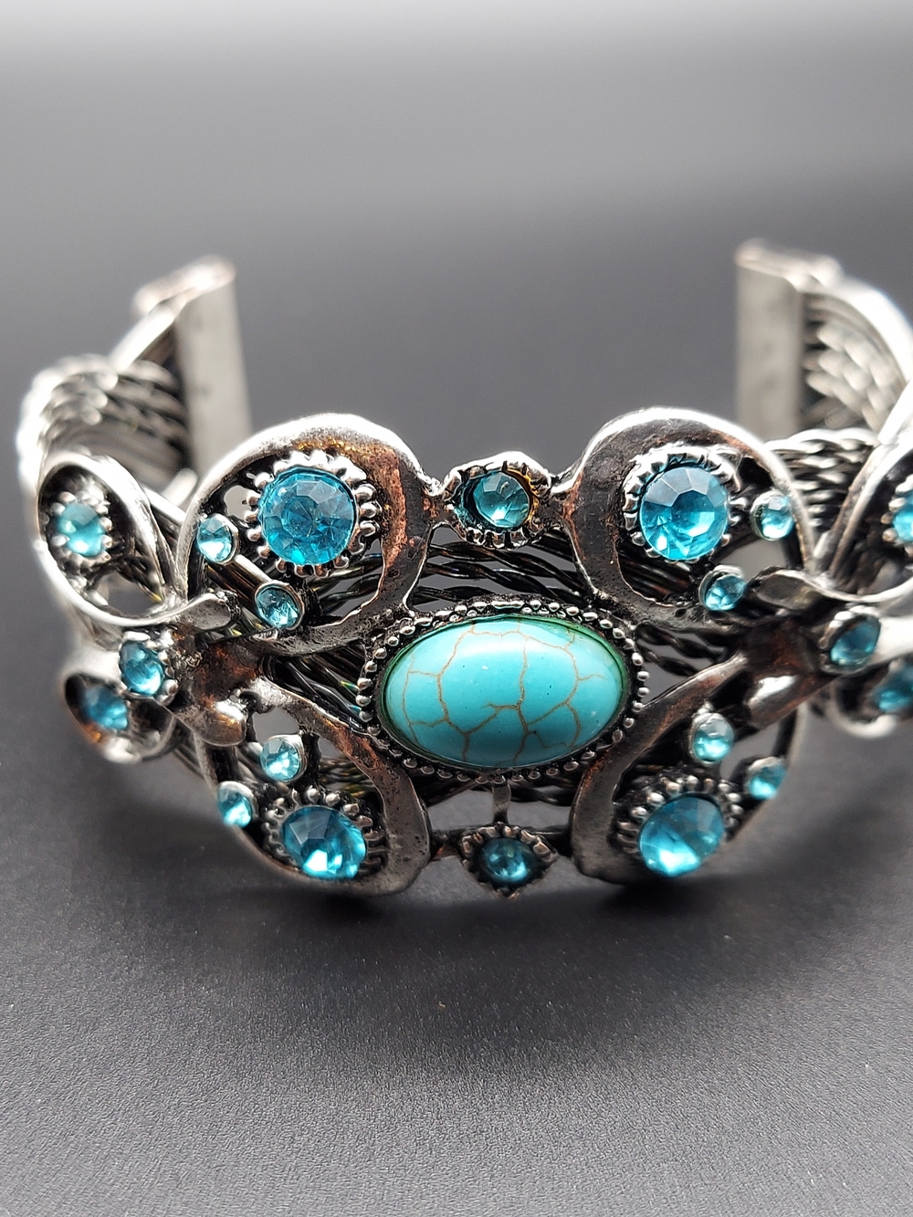 Turquoise Cabochon and Aqua Crystal Silver Cuff Bracelet - Women's Jewelry